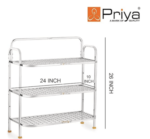 Priya Heavy Stainless Steel Premium 3-Tiers Shoe Rack/Multipurpose Storage Rack (Need to Be Assemble - Size-Length-24 inch x Width-10 inch x Overall Height-26 inch) - Image 2